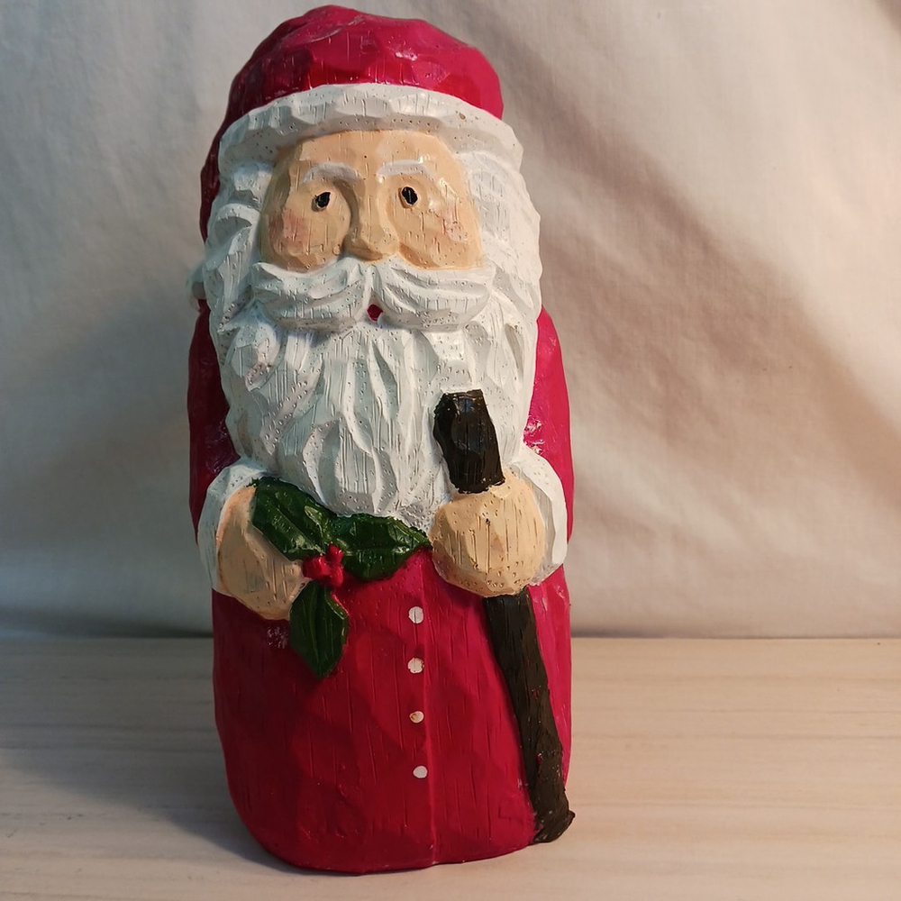 Santa Chunky 10" Carved Wood Look Figurine With Cane Holiday Christmas Resin